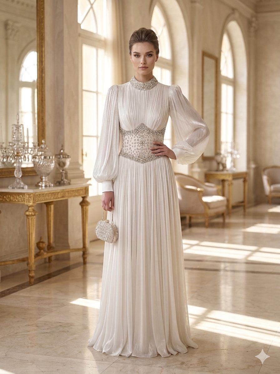 White Jeweled Bridal Evening Gown | Gallant Couture