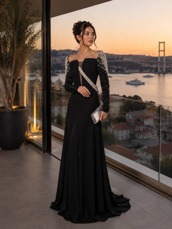 Black Embellished Square-Neck Evening Gown | Gallant Couture