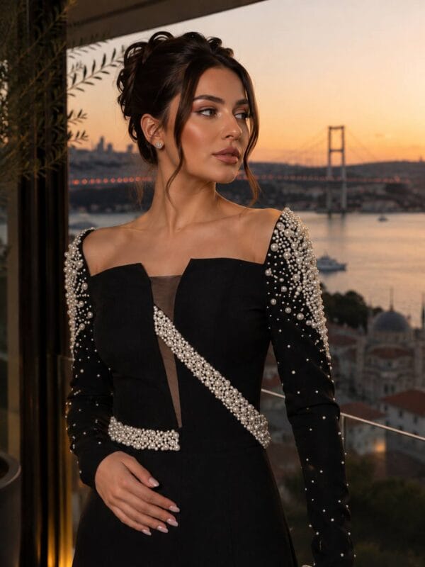 Black Embellished Square-Neck Evening Gown | Gallant Couture