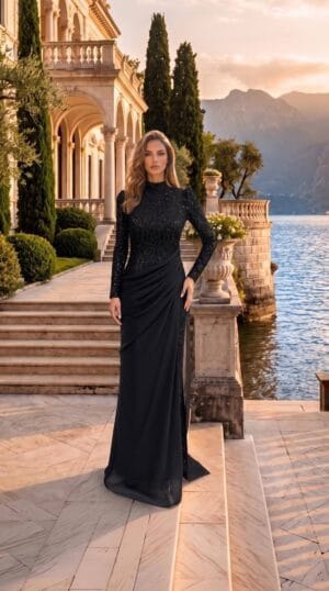 gallant-couture-black-high-neck-embellished-column-evening-gown-01 Black High-Neck Embellished Column Evening Gown | Gallant Couture