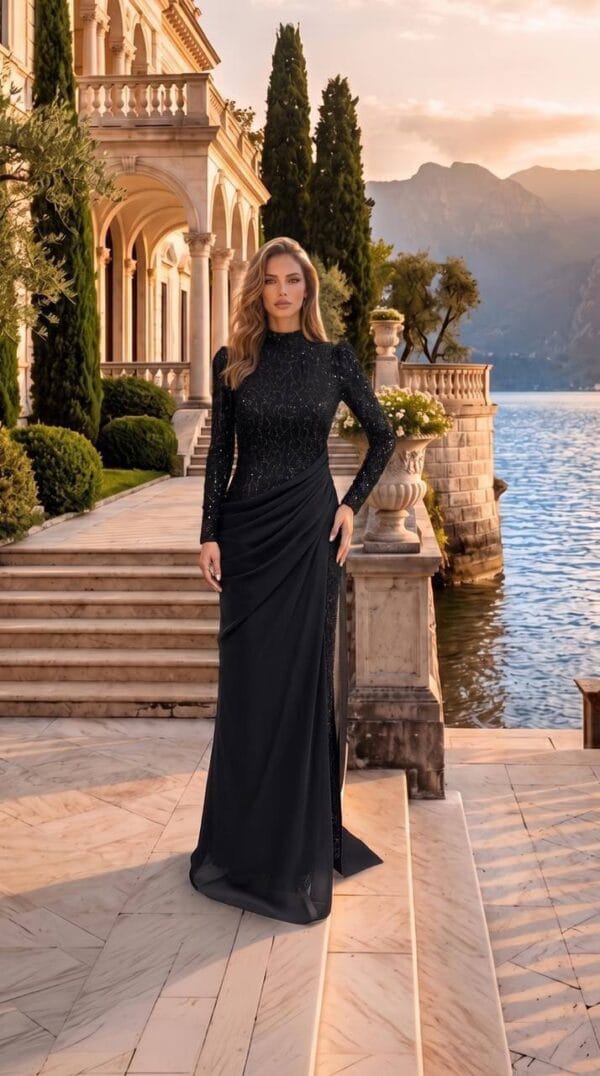 gallant-couture-black-high-neck-embellished-column-evening-gown-01 Black High-Neck Embellished Column Evening Gown | Gallant Couture