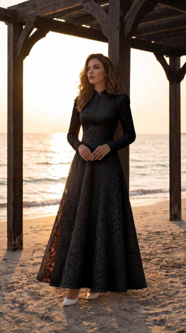 gallant-couture-black-high-neck-lace-effect-a-line-gown-01 Black High-Neck Lace-Effect A-Line Gown | Gallant Couture
