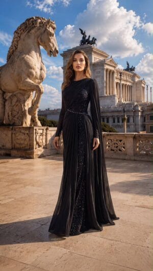 Black One-Shoulder Cape Evening Gown | Gallant Couture