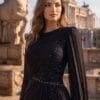 gallant-couture-black-one-shoulder-cape-evening-gown-02 Black One-Shoulder Cape Evening Gown | Gallant Couture