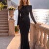 Black Ruched-Waist Embellished Evening Gown | Gallant Couture
