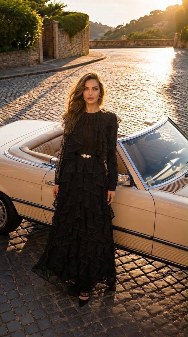 Black Ruffle-Tiered Evening Gown | Gallant Couture