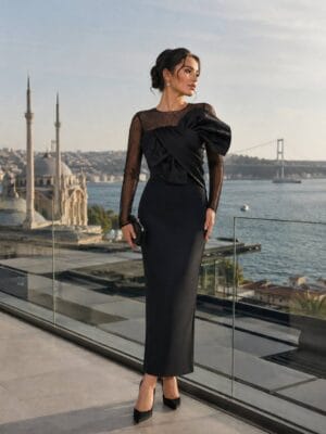 Black Sculptural Bow Midi Formal Dress | Gallant Couture