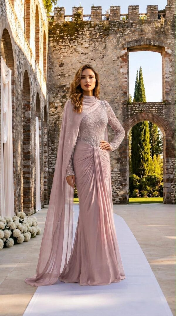 Blush Cape-Sleeve Draped Evening Gown | Gallant Couture