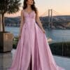 Blush Draped Embellished-Waist Evening Gown | Gallant Couture