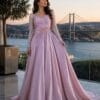 Blush Draped Embellished-Waist Evening Gown | Gallant Couture