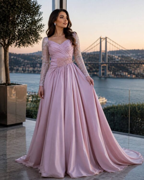 Blush Draped Embellished-Waist Evening Gown | Gallant Couture