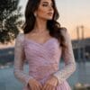 Blush Draped Embellished-Waist Evening Gown | Gallant Couture