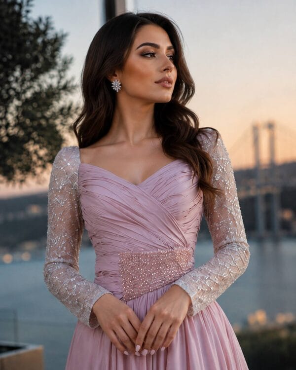 Blush Draped Embellished-Waist Evening Gown | Gallant Couture
