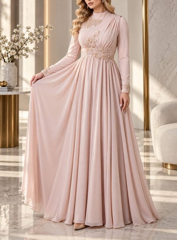 Blush Draped Floral-Embellished Evening Gown | Gallant Couture