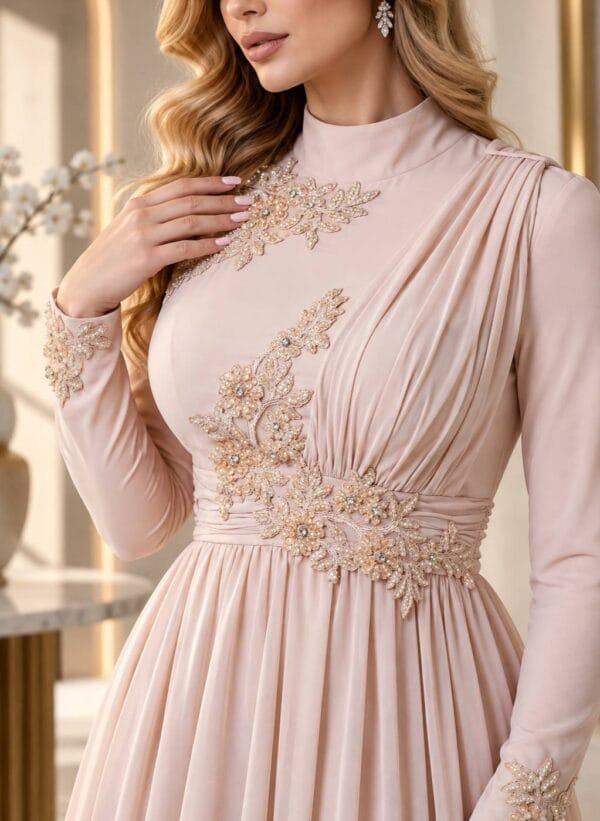 Blush Draped Floral-Embellished Evening Gown | Gallant Couture