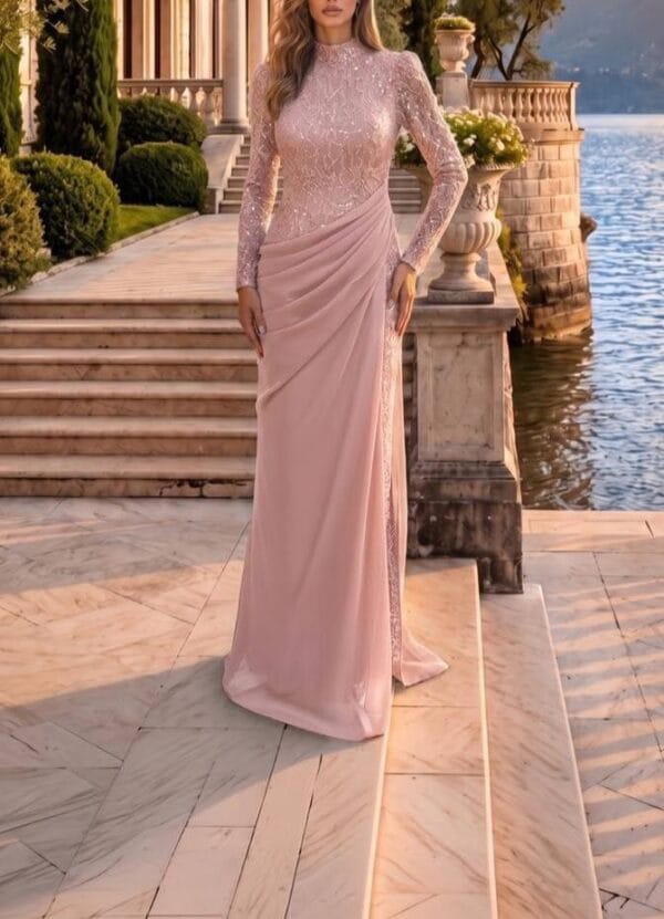 gallant-couture-blush-high-neck-embellished-column-evening-gown-01 Blush High-Neck Embellished Column Evening Gown | Gallant Couture