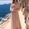 Blush Pleated Embellished-Waist Evening Gown | Gallant Couture
