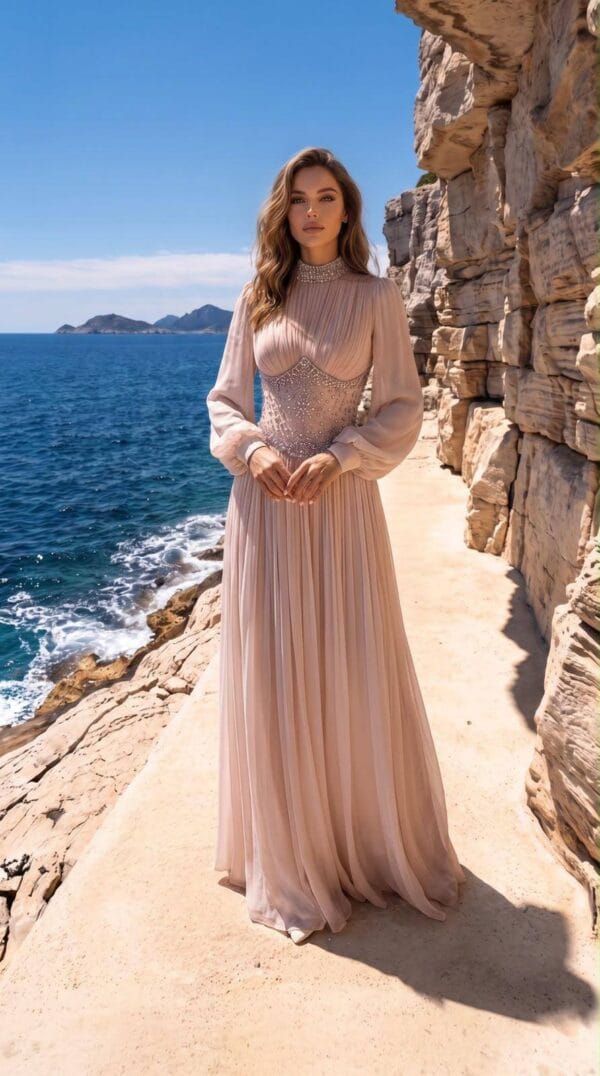 Blush Pleated Embellished-Waist Evening Gown | Gallant Couture
