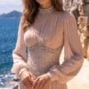 Blush Pleated Embellished-Waist Evening Gown | Gallant Couture