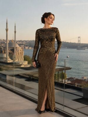 Bronze Embellished Column Evening Gown | Gallant Couture