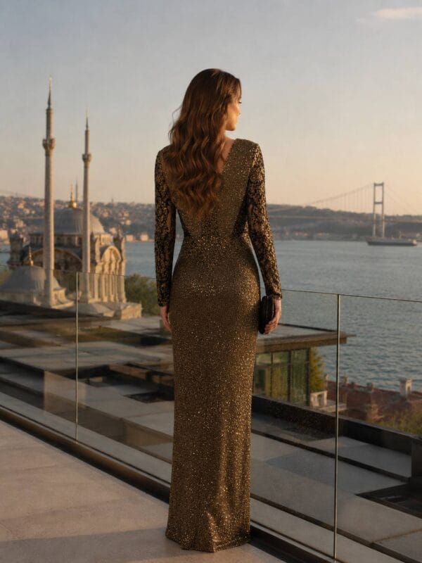 Bronze Embellished Column Evening Gown | Gallant Couture