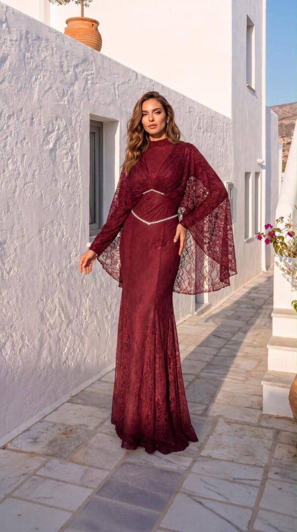 Burgundy Cape-Overlay Embellished Evening Gown | Gallant Couture
