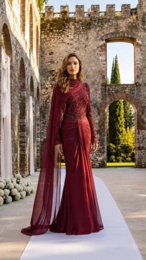 gallant-couture-burgundy-cape-sleeve-draped-evening-gown-01 Burgundy Cape-Sleeve Draped Evening Gown | Gallant Couture