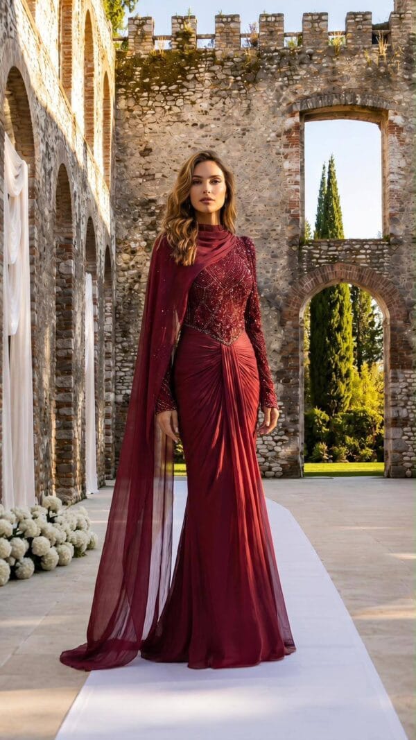 Burgundy Cape-Sleeve Draped Evening Gown | Gallant Couture