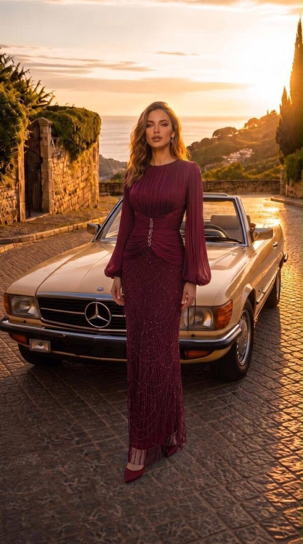 Burgundy Draped-Waist Long-Sleeve Evening Dress | Gallant Couture