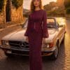 Burgundy Draped-Waist Long-Sleeve Evening Dress | Gallant Couture
