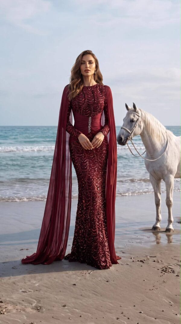 Burgundy Embellished Cape Evening Gown | Gallant Couture