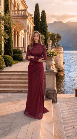 gallant-couture-burgundy-high-neck-embellished-column-evening-gown-01 Burgundy High-Neck Embellished Column Evening Gown | Gallant Couture
