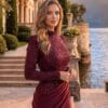 Burgundy High-Neck Embellished Column Evening Gown | Gallant Couture