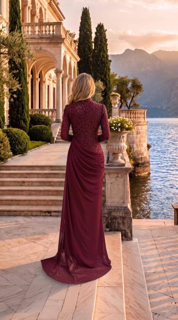 Burgundy High-Neck Embellished Column Evening Gown | Gallant Couture
