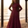 Burgundy High-Neck Lace-Effect A-Line Gown | Gallant Couture