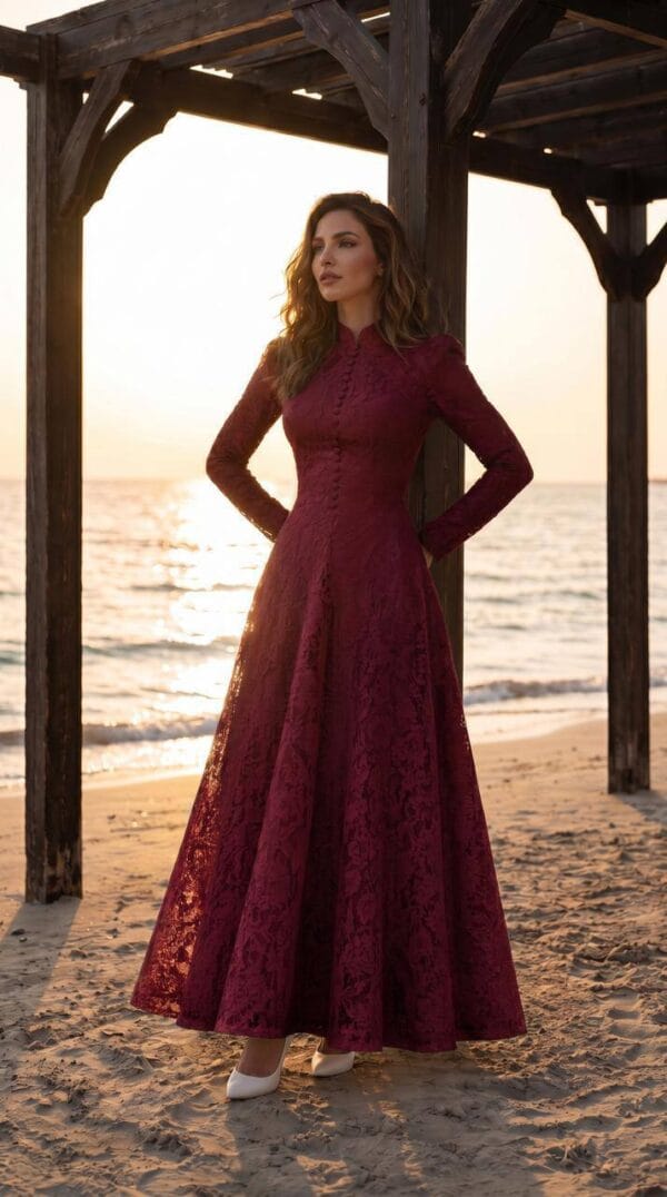 Burgundy High-Neck Lace-Effect A-Line Gown | Gallant Couture