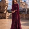 Burgundy One-Shoulder Cape Evening Gown | Gallant Couture