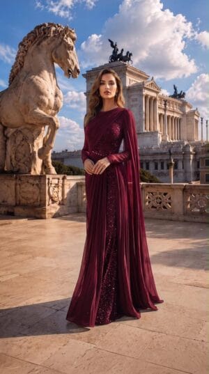 Burgundy One-Shoulder Cape Evening Gown | Gallant Couture