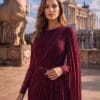 Burgundy One-Shoulder Cape Evening Gown | Gallant Couture