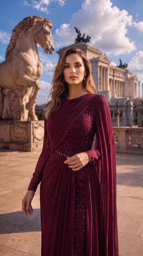 Burgundy One-Shoulder Cape Evening Gown | Gallant Couture