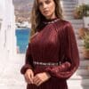 Burgundy Pleated Embellished-Neck Evening Gown | Gallant Couture