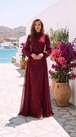 gallant-couture-burgundy-pleated-embroidered-look-evening-gown-01 Burgundy Pleated Embroidered-Look Evening Gown | Gallant Couture