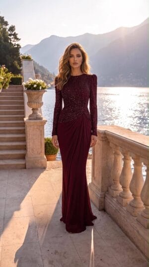 Burgundy Ruched-Waist Embellished Evening Gown | Gallant Couture