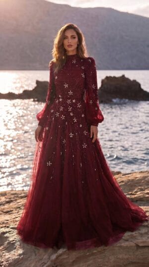 Burgundy Star-Embellished A-Line Evening Gown | Gallant Couture