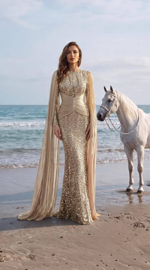 Champagne Embellished Cape Evening Gown | Gallant Couture