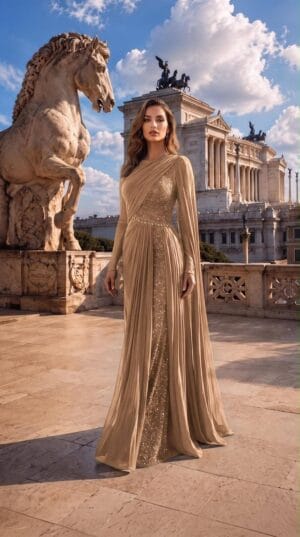 Champagne One-Shoulder Cape Evening Gown | Gallant Couture