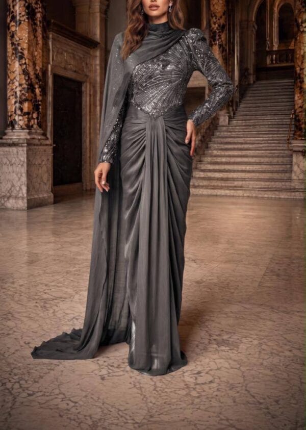 Charcoal One-Shoulder Draped Evening Gown | Gallant Couture
