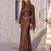 Chocolate Cape-Overlay Embellished Evening Gown | Gallant Couture