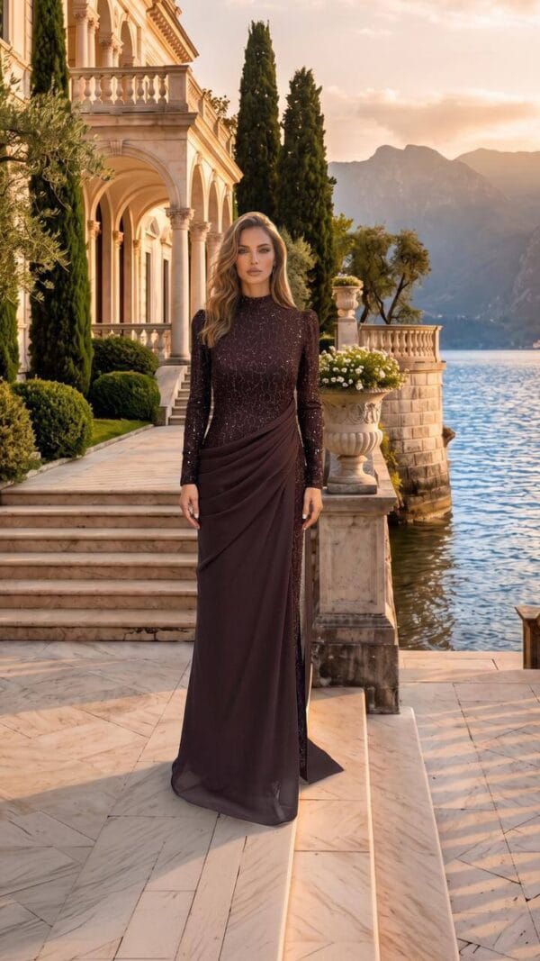gallant-couture-chocolate-high-neck-embellished-column-evening-gown-01 Chocolate High-Neck Embellished Column Evening Gown | Gallant Couture