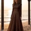 Chocolate High-Neck Lace-Effect A-Line Gown | Gallant Couture